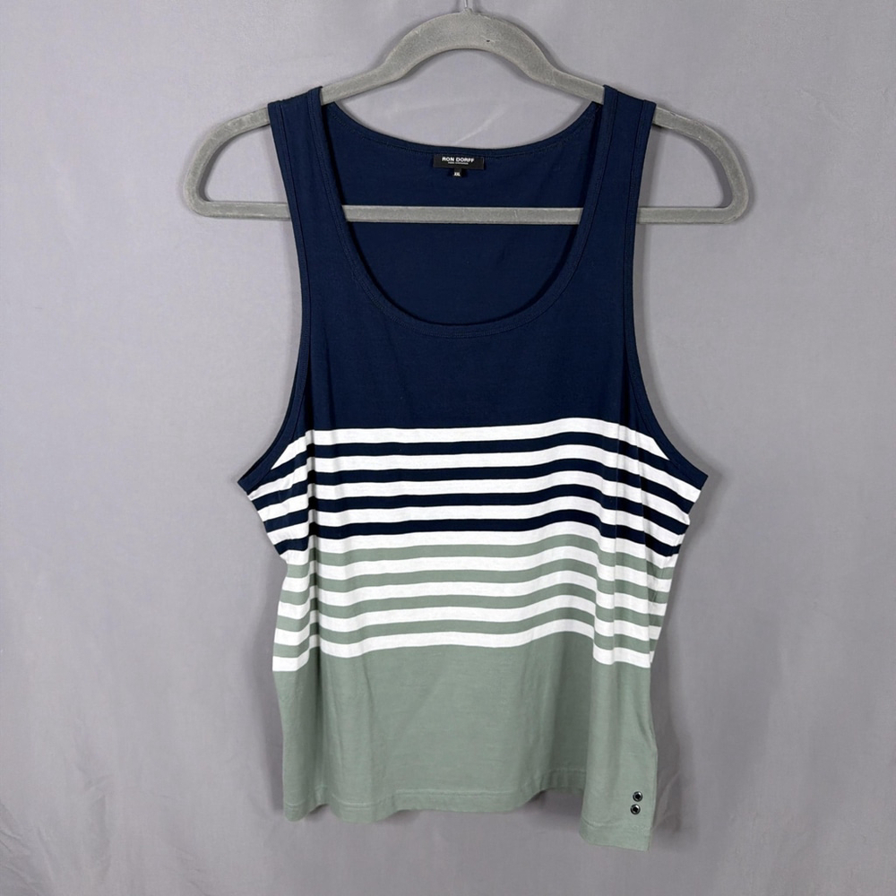 Ron Dorff Tank Top Mens XXL Organic‎ Cotton Navy Green Striped Summer Pullover